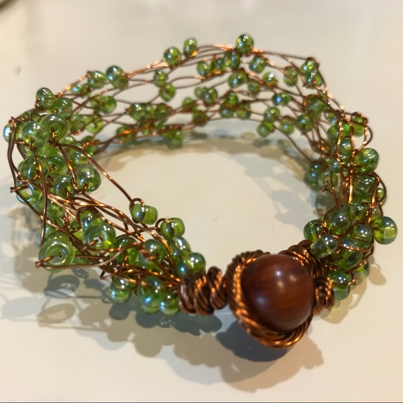 Organic Boho Chic Copper Glass Bead Green Bracelet - Picture 3 of 8